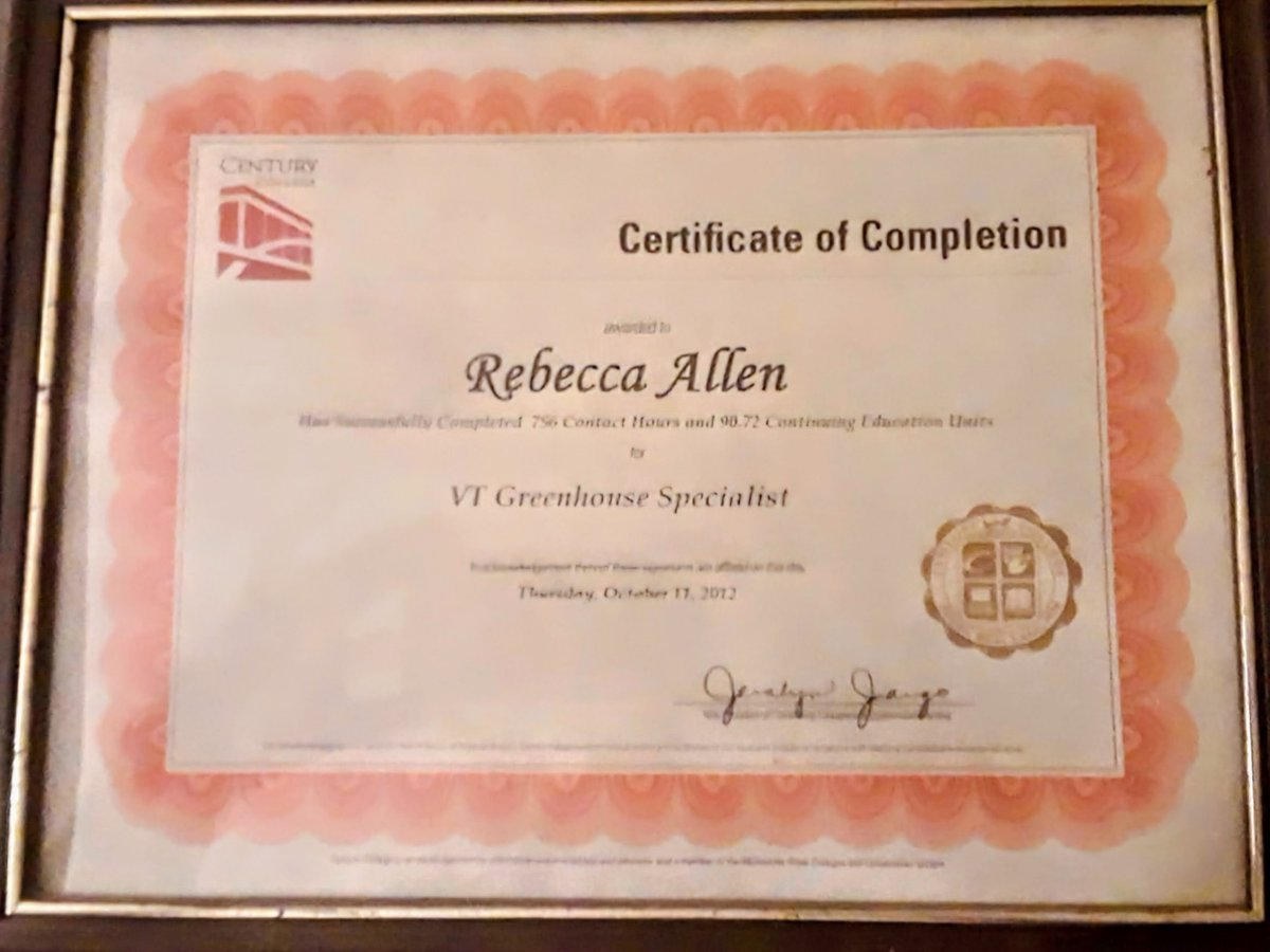 Photograph of a Century College vocational-technical Greenhouse Specialist certificate, 756 hours, 90.72 CEUs, October 11 2012.