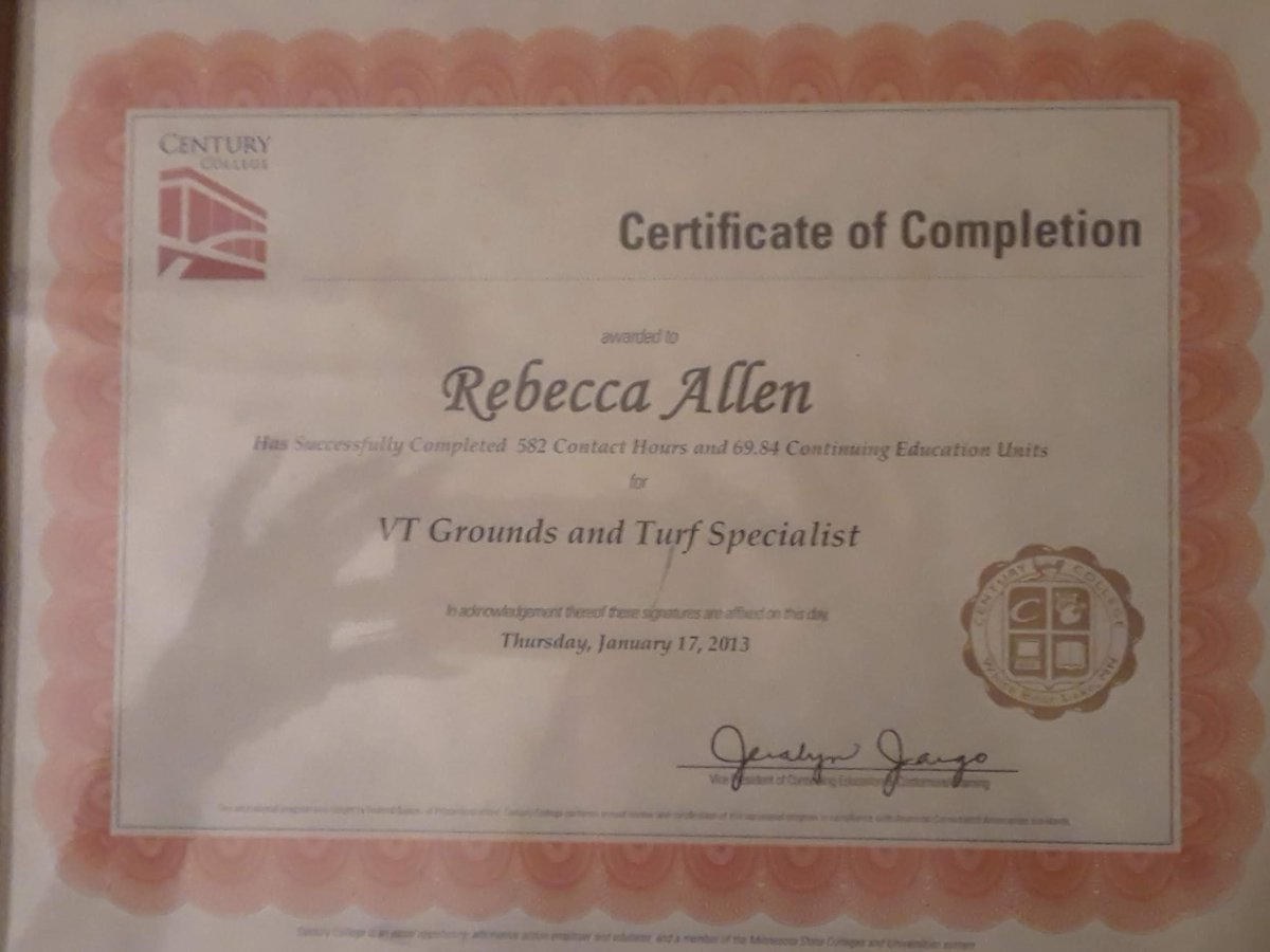 Photograph of a Century College vocational-technical Grounds and Turf Specialist certificate, 582 contact hours, 69.84 CEUs, January 17 2013.