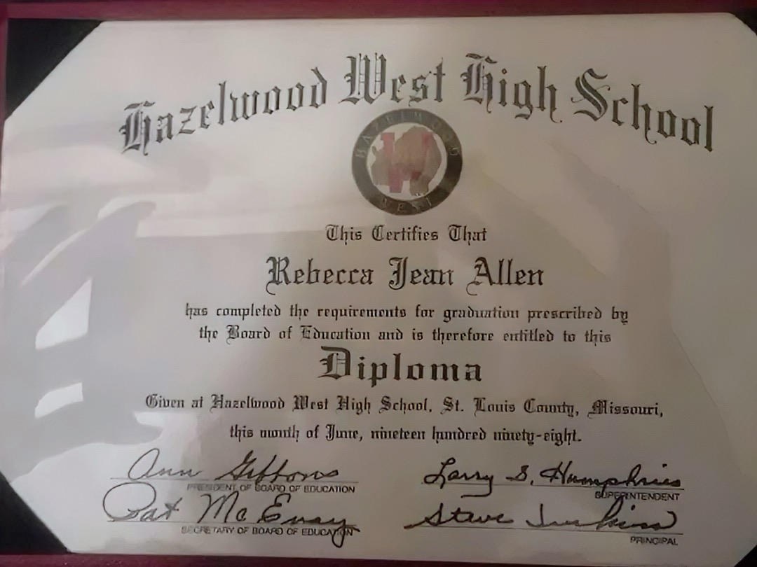 Photograph of the Hazelwood West High School diploma issued to Rebecca Jean Allen, June 1998, St. Louis County, Missouri.