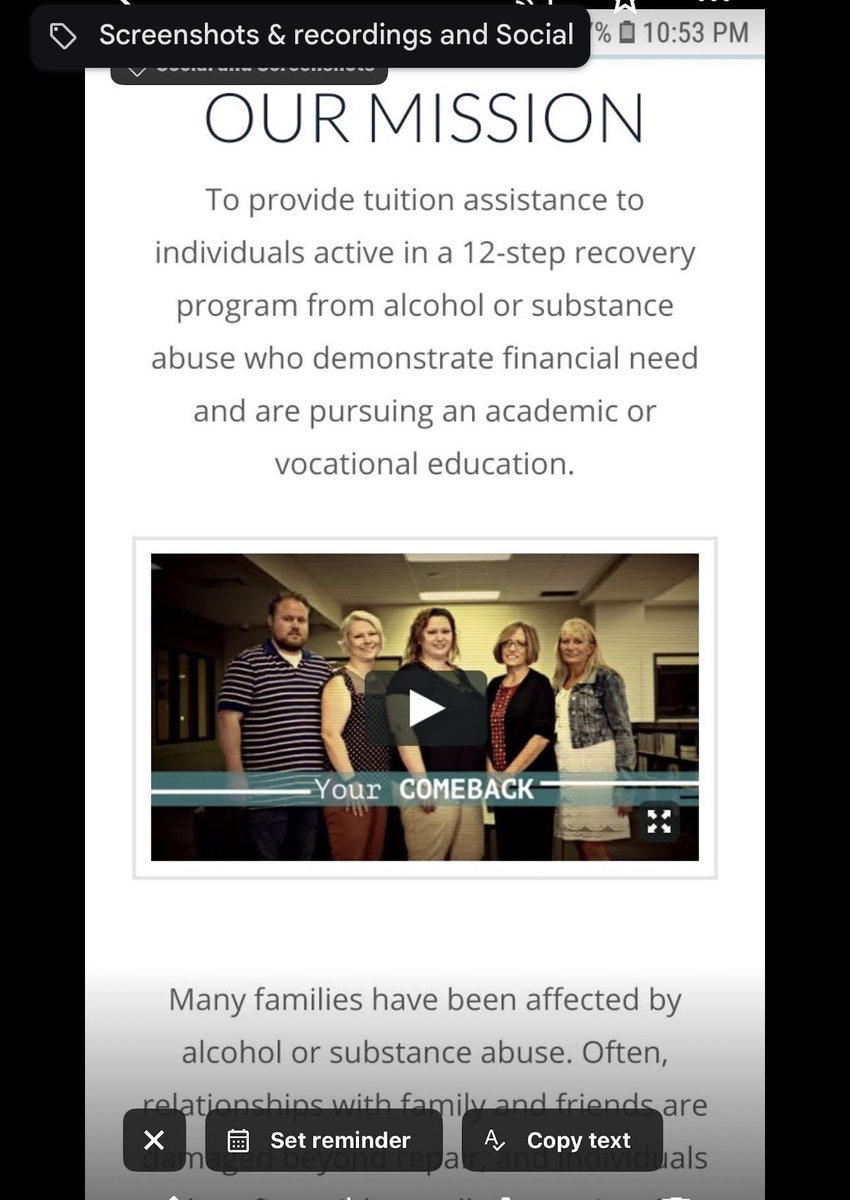 Phone screenshot of The Next Step scholarship mission page: tuition assistance for people in a 12-step recovery program.